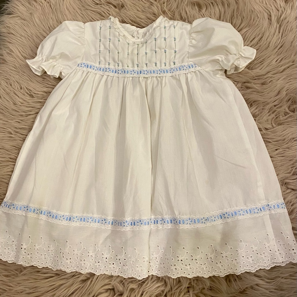 Vintage Handmade Toddler Girls Charming White and Blue Dress